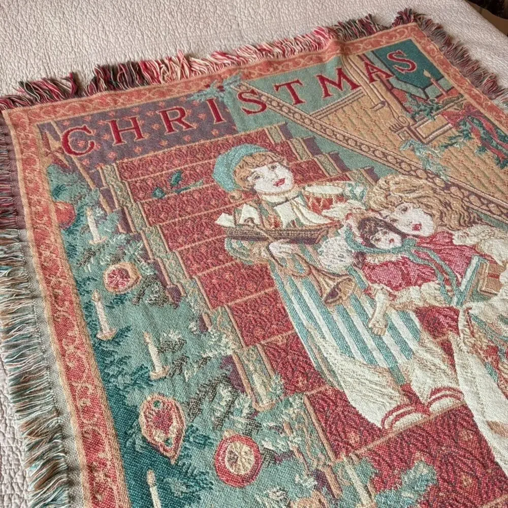 Vintage Tapestry Woven Throw Blanket Fringe 44x68